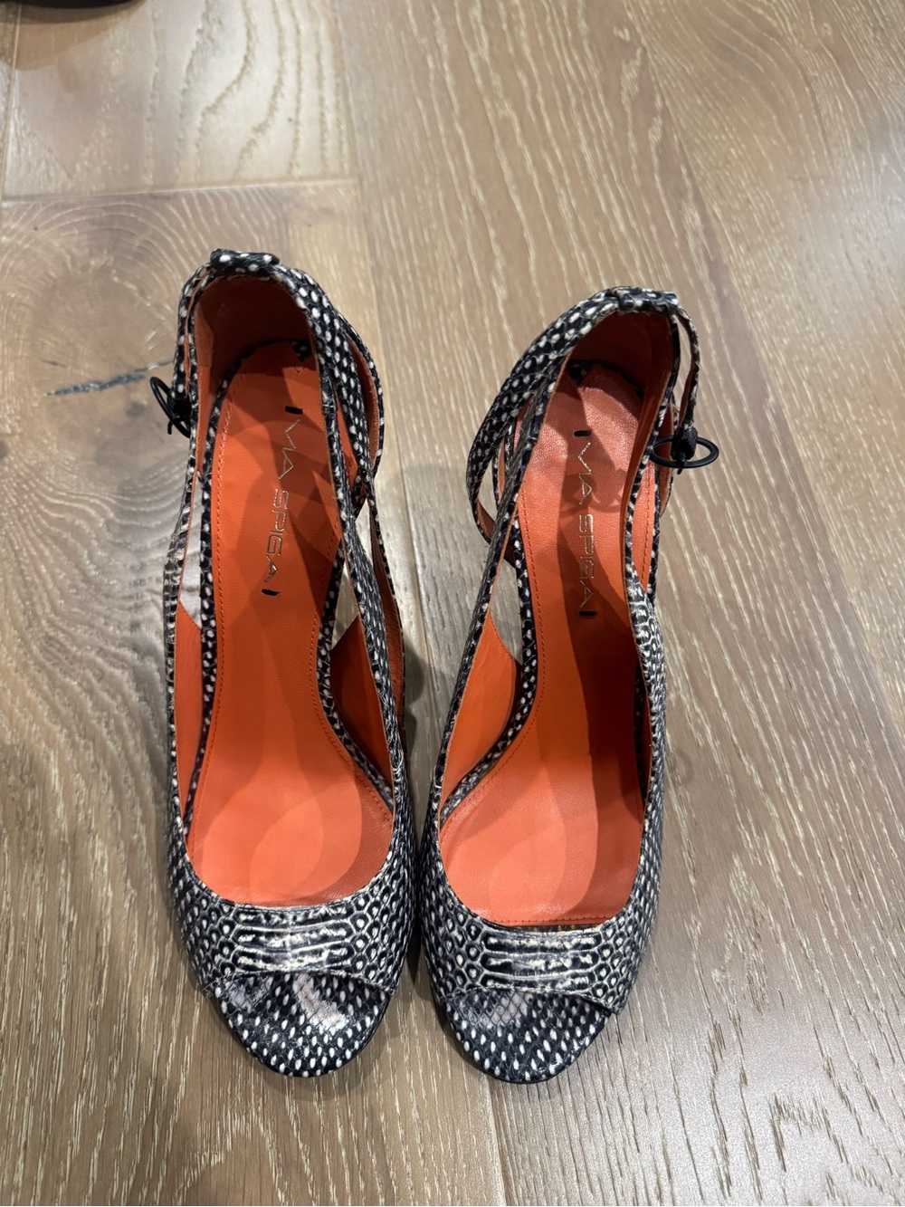 Via Spiga Black & White Woven Peep-Toe Slingback Heels with Orange Insole